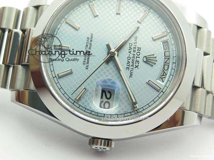 0112 DayDate 40mm BP-Maker 228206 SS Ice Blue Stick Dial (Smooth Bezel) On SS Bracelet ETA FreshLook 3913